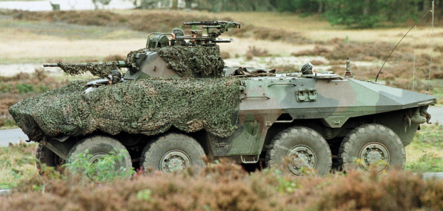 Militärisches Personalfahrzeug mit montierter großer Waffe, das auf einer Straße neben einem Wald fährt, Pflanzen unten und Bäume im Hintergrund.
