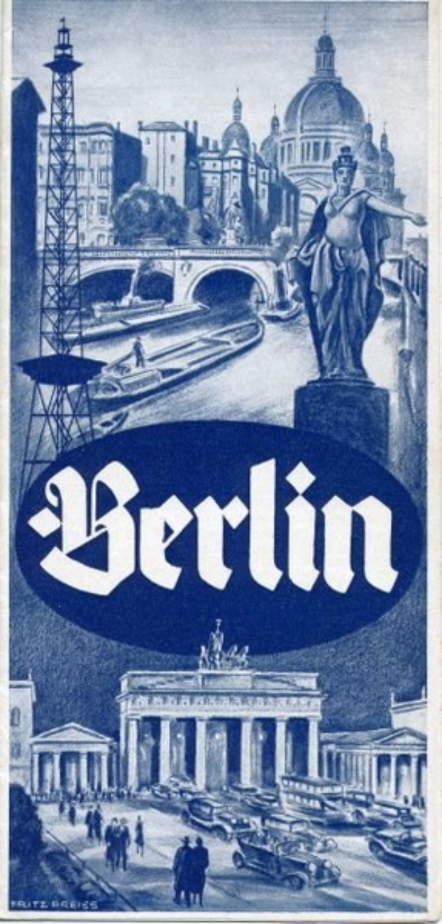 Plakatwerbung für Berlin, Deutschland, mit einer Statue, Gebäuden, einem Turm, Menschen, Fahrzeugen auf der Straße, einer Brücke und Text mit Informationen über die Stadt.