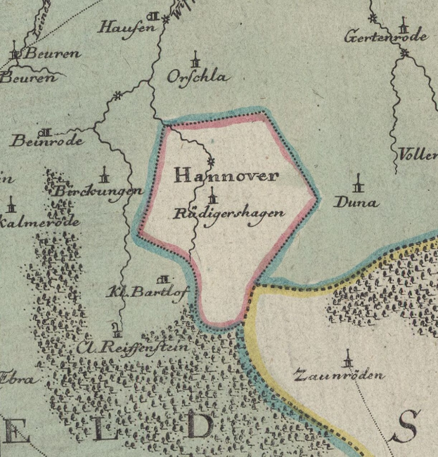 Detailierte alte Karte von Hannover, Deutschland, zeigt geografische Merkmale, Städte, Ortschaften, Straßen, Sehenswürdigkeiten und textuelle Informationen wie die Bevölkerung.
