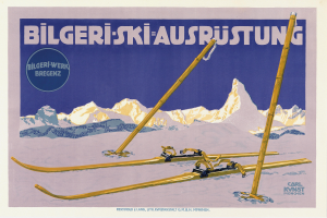 Ein Plakat, das ein Skiresort in den Schweizer Alpen bewirbt, zeigt ein Paar Skier im Vordergrund und schneebedeckte Berge im Hintergrund, mit Textinformationen über das Resort.