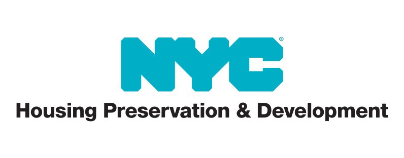 Weißer Hintergrund mit zentrierter fetter schwarzer Schrift "NYC Housing Preservation & Development" in einem dünnen schwarzen Rahmen, in einer modernen professionellen Schriftart.