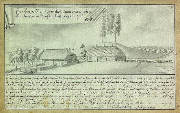 Ein vergilbtes Dokument mit der Aufschrift "Surgensburg, Deutschland - Landschaft eines Hofes" zeigt eine ländliche Szene mit einem zentralen Bauernhof, Nebengebäuden, Bäumen und Häusern in der Ferne unter einem bewölkten Himmel.