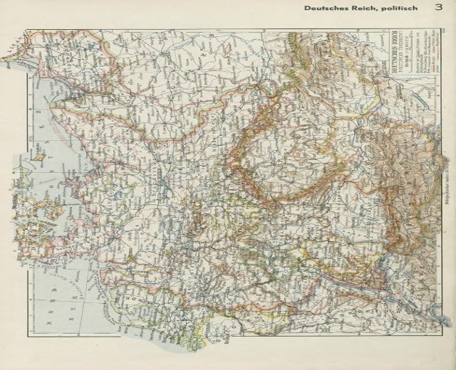 Eine Karte von Deutschland aus dem 19. Jahrhundert, die die politischen Grenzen des Landes zeigt, gedruckt auf altem Papier mit Text oben und unten.