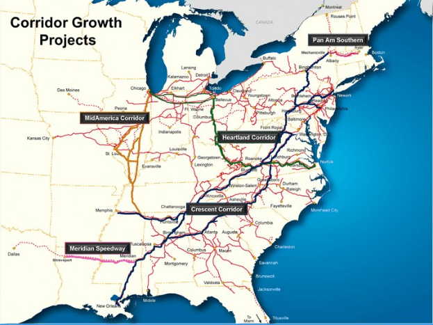 Plakat mit der Bezeichnung "Corridor Growth Projects", das eine detaillierte U.S.-Karte mit hervorgehobenen Straßen und Highways auf einem hellblauen Hintergrund zeigt.