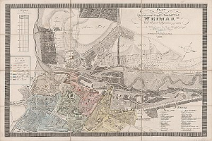 Ein detaillierter alter Stadtplan von Weimar, Deutschland, der Straßen, Gebäude, Sehenswürdigkeiten und Text mit zusätzlichen Stadtinformationen zeigt.