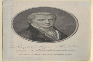 Portrait von Joseph Marx Freicher von Liechtenstein, einem deutschen Komponisten, in einem schwarzen Anzug und weißem Hemd mit ernster Miene, der ein Blatt Papier mit Text hält und direkt in die Kamera schaut.