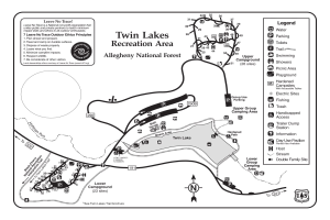 Detailierte Karte des Twin Lakes Recreation Area mit Wanderwegen, Sehenswürdigkeiten und Entfernungen zwischen den Punkten.