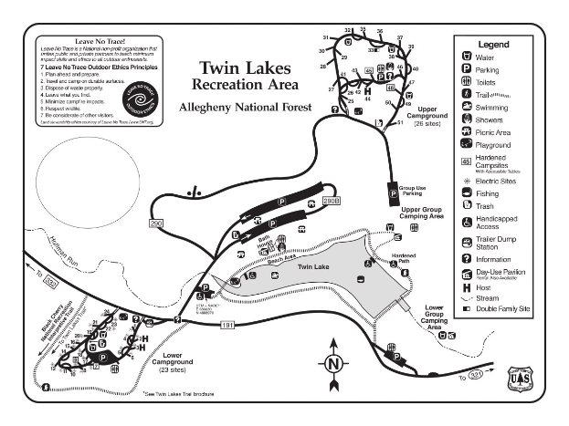 Detailierte Karte des Twin Lakes Recreation Area mit Wanderwegen, Sehenswürdigkeiten und Entfernungen zwischen den Punkten.