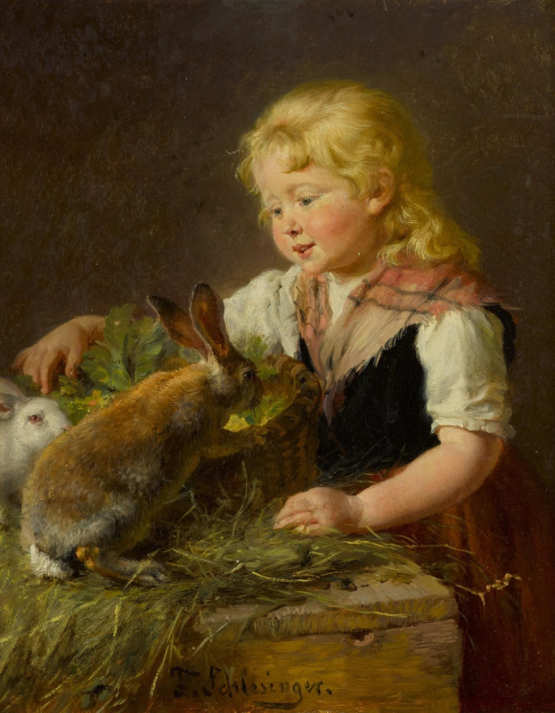 Gemälde namens 'Osterhase' von Thomas Schlesinger, das ein kleines Mädchen zeigt, das zwei Hasen in einem Korb hält, umgeben von grünem Gras und Blättern.