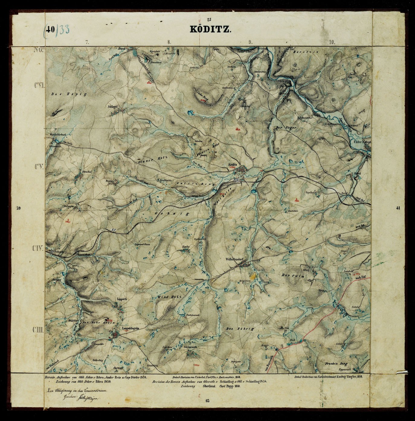 Alte topografische Karte von K├Âditz, Deutschland mit schwarzem Hintergrund, die Berge, Flüsse und geografische Merkmale in klassischer Schriftart zeigt.