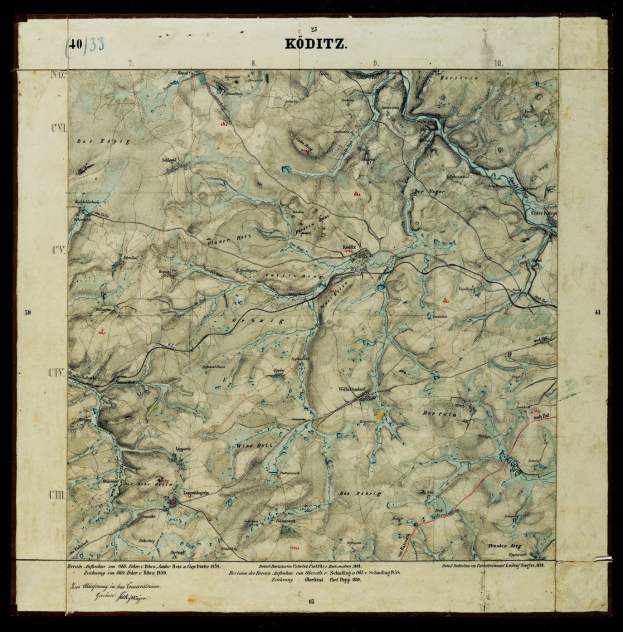 Alte topografische Karte von K├Âditz, Deutschland mit schwarzem Hintergrund, die Berge, Flüsse und geografische Merkmale in klassischer Schriftart zeigt.