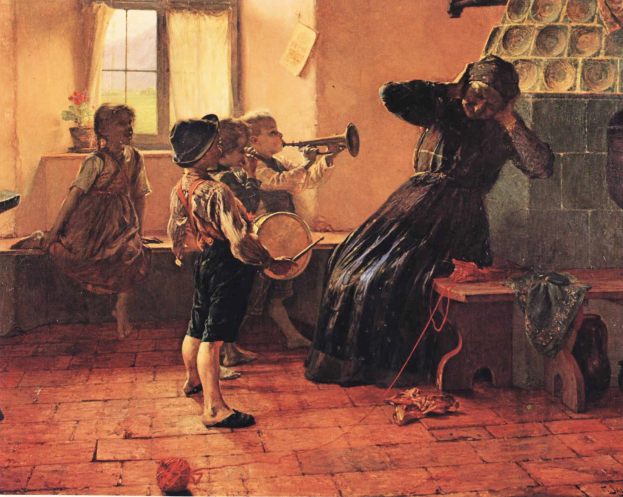 Gemälde mit dem Titel "Die Musikstunde" von Gustave Courbet, 1872, das Kinder bei der Musikinstrumenten playing in a room with a seated woman on a bench, scattered threads on the floor, and background details including a wall, window, curtain, and flower vase.