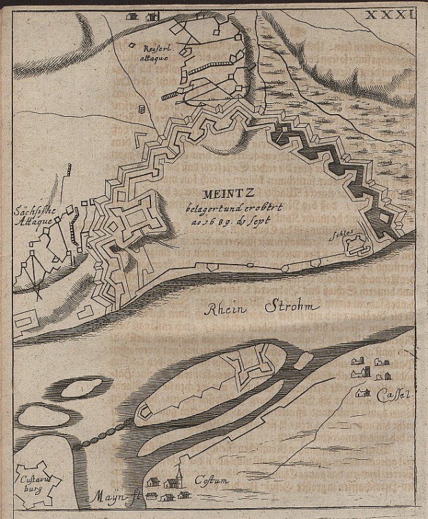 Ausführliche alte Karte von Meintz, Deutschland, zeigt Straßen, Gebäude, Sehenswürdigkeiten und Text mit Bevölkerungsangaben, Lage und historischen Informationen.