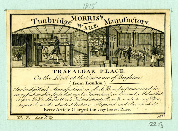 Alte Werbetafel für Morris' Tunbridge Ware Factory in Trafalgar Place, London, die Arbeiter, Tische und Fabriktoräte zeigt.