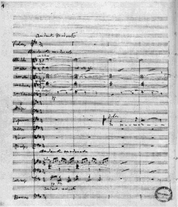 Schwarz-Weiß-Notenblatt für Johann Sebastian Bachs Symphonie Nr. 4 in G-Dur, Op. 63, mit einem Stempel in der rechten unteren Ecke, der "Di-Arezzo Co UK" lautet.