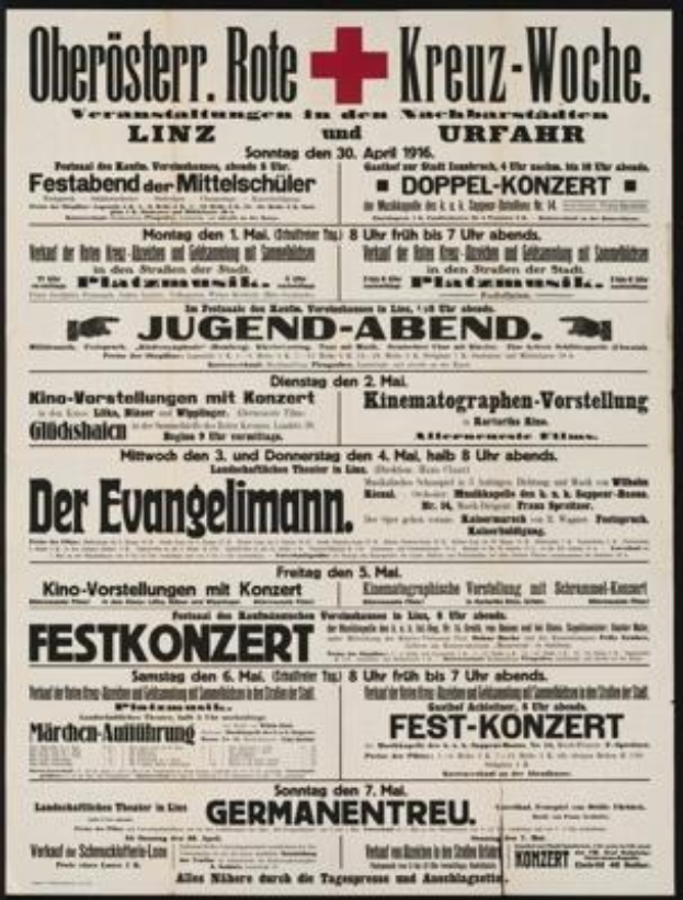 Schwarz-weiß-Anzeige einer deutschen Zeitung für das Deutsche Rote Kreuz vom 30. April 1916 mit Text und Pluszeichen.