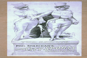 Plakat für die neue Sportstadt GmbH von Phil Sheridan mit zwei Personen nebeneinanderstehend und Text, der die Firma beschreibt.