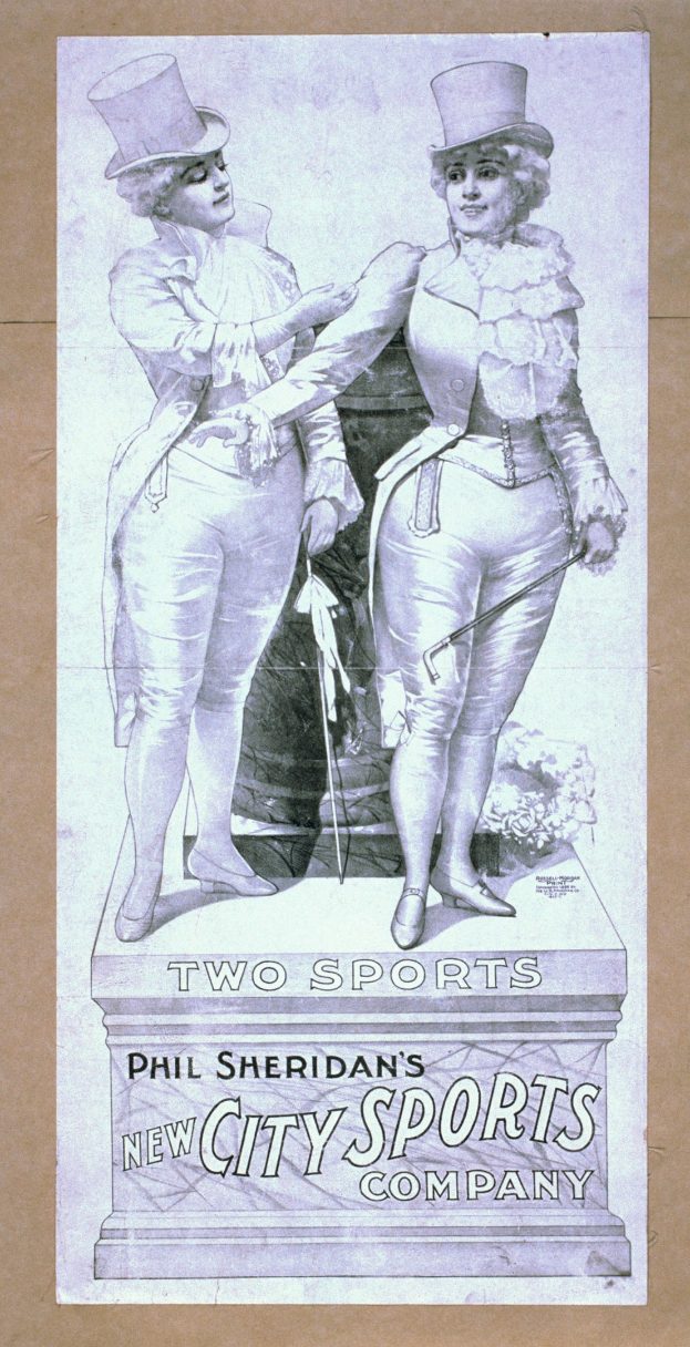 Plakat für die neue Sportstadt GmbH von Phil Sheridan mit zwei Personen nebeneinanderstehend und Text, der die Firma beschreibt.