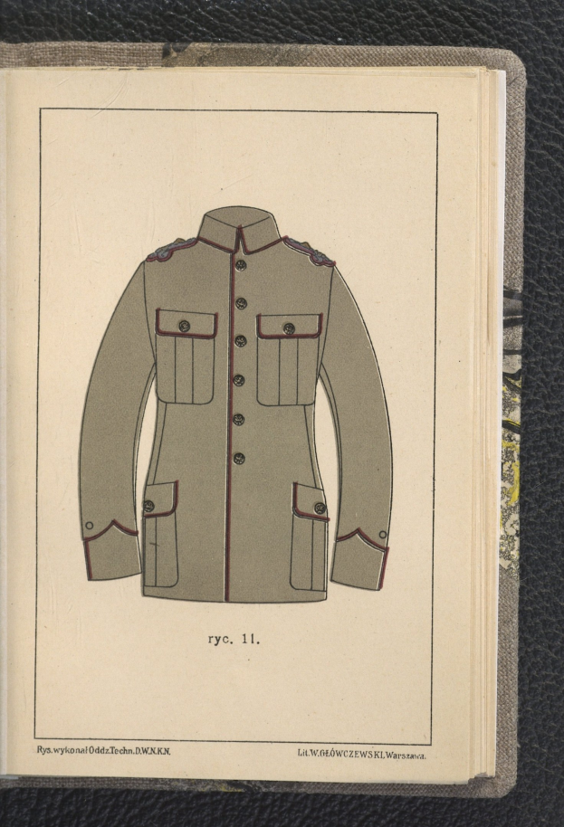 Ein aufgeschlagenes Buch, das eine Zeichnung einer Militäruniform mit einem Hemd, Kragen, langen Ärmeln, Gürtel und Schnalle zeigt, und der Text "Militäruniform" auf der Seite.
