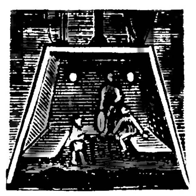 Eine Schwarz-Weiß-Zeichnung eines Fußballspiels im Gange, die zwei Spieler in Uniformen zeigt, mit einem Torpfosten in der Ecke.