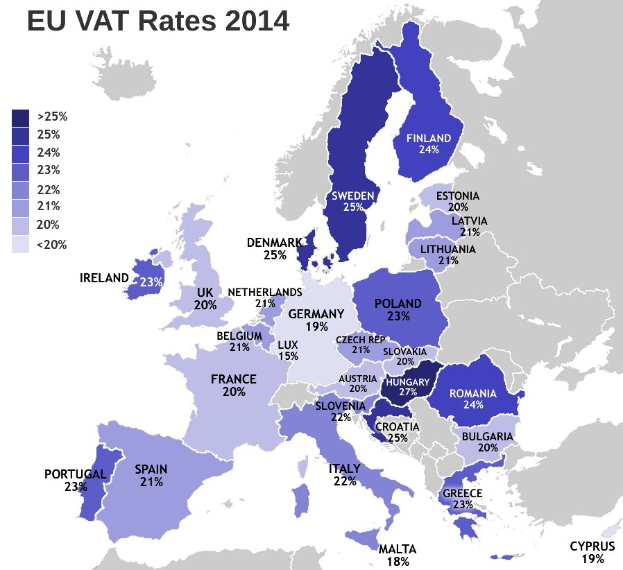 Eine Karte von Europa, die die EU-Mehrwertsteuersätze für 2014 mit Prozentangaben und Textanmerkungen zeigt.