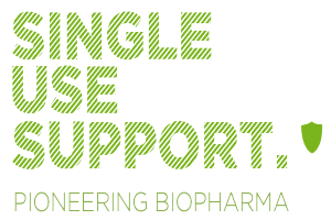 Der Text "single use support pioneering biopharma" in fettgrüner Schrift auf einem weißen Hintergrund.